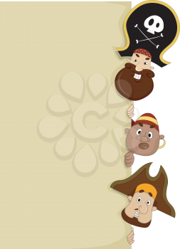 Royalty Free Clipart Image of Pirates Behind a Blank Board