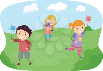 Illustration of Stickman Kids Playing with Pinwheels in a Field