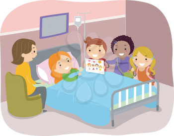 Illustration of Stickman Kids Paying a Visit to a Friend in the Hospital