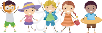 Illustration of Stickman Kids in Summer Outfit with Summer Gears