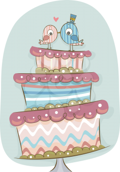Illustration of Modern Wedding Cake in Retro Colors with Bride and Groom Birds
