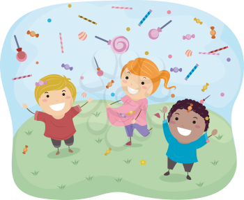Illustration of Stickman Kids Catching Sweet Candies and Lollipops