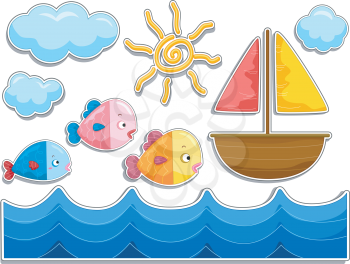Illustration of Fishes, Sailboat and Sea Sticker Designs