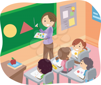 Illustration of Stickman Kids Learning Shapes in a Classroom