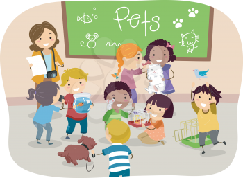 Illustration of Stickman Kids with their Pets in Classroom
