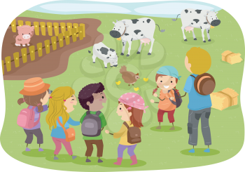 Illustration of Stickman Kids in a School Trip to a Farm