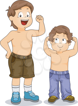 Illustration of Strong Little Boy Siblings with Arms Flexed