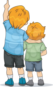 Back View Illustration of Boy Siblings Looking Up