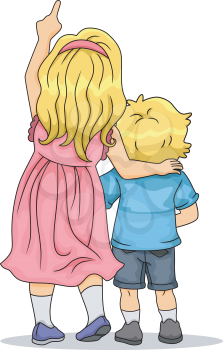 Back View Illustration of Girl and Boy Siblings Looking Up