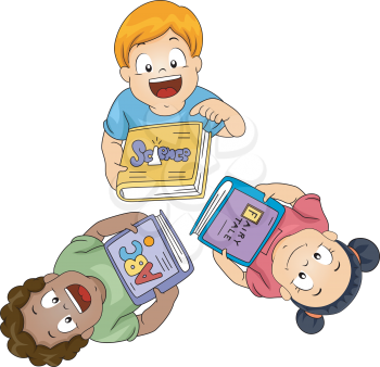 Illustration of Little Boys and Girls Each Holding a Book Looking Up
