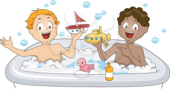 Illustration of Little Boys having a Bubble Bath