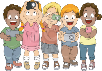 Illustration of Little Boys and Girls taking Pictures with their Cameras