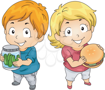 Illustration of Little Male Kid Carrying a Jar of Pickles and a Little Female Kid holding a Hamburger