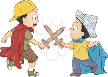 Illustration of Little Boys Playing Knight having a Swordsfight using Wooden Swords