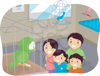 Illustration of Stickman Family Buying a Bird From a Pet Store