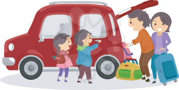 Illustration of Stickman Family Placing Traveling Bags in Car