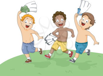 Illustration of Little Boys Running and Playing on the Field