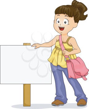 Illustration of Little Kid Girl wearing a Sling Bag standing beside a Signage