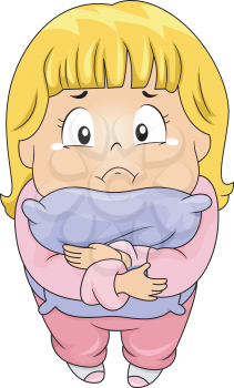 Top View Illustration of a Little Kid Girl Hugging a Pillow while Crying