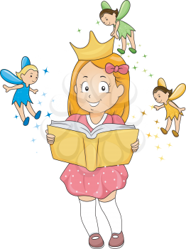 Illustration of a Little Kid Girl wearing a Crown surrounded by Fairies while reading a Fantasy Book