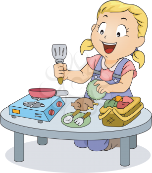 Illustration of a Little Kid Girl Playing with Kitchen Toys
