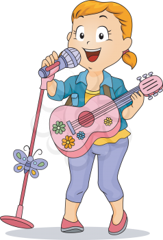 Illustration of a Kid Little Girl Performing using Toy Guitar and Microphone