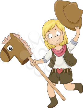 Illustration of a Kid Cowgirl riding a Toy Horse