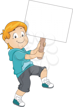 Illustration of a Little Kid Boy Carrying a Blank Signboard