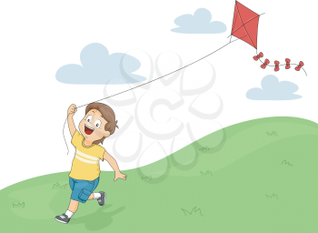 Illustration of a Running Little Kid Boy while Flying a Kite
