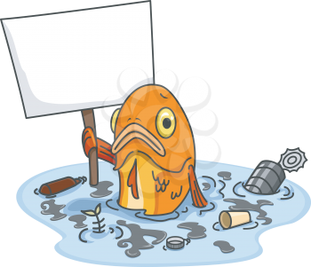 Illustration of Sad Fish in Polluted Water Carrying a Blank Board