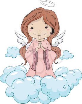Illustration of a Girl Angel Praying while Kneeling on the Clouds 