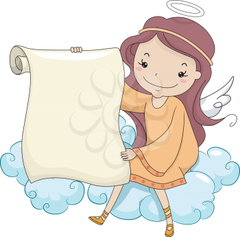 Illustration of a Girl Angel holding a Blank Scroll while Sitting on a Cloud