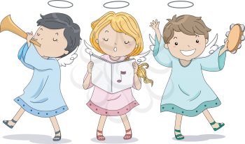 Illustration of Cute Boy and Girl Angels Praising with Music