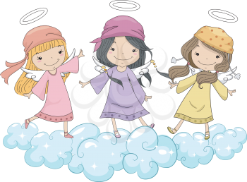 Illustration of Three Girl Angels with Head Scarves Standing on Clouds
