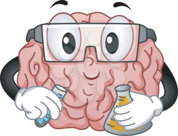 Illustration of Brain Mascot with Eye Protection Doing an Experiment