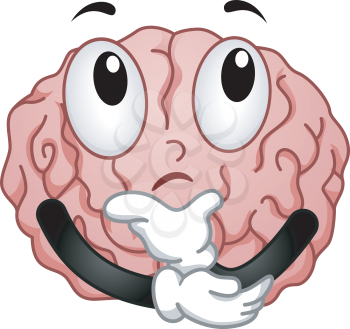 Illustration of Thinking Brain Mascot with Hands on Chin