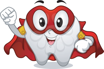 Illustration of Tooth Superhero Mascot wearing Red Mask and Cape