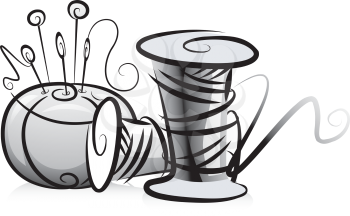 Illustration of Spools of Thread and Pin Cushion in Black and White