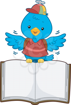 Illustration of a Flying Blue Bird Carrying an Open Blank Book on its Feet