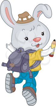 Illustration of a Jumping Rabbit Student wearing a Backpack