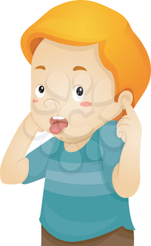 Illustration of a Little Kid Boy with Tongue Sticking out Covering his Ears with his Fingers 