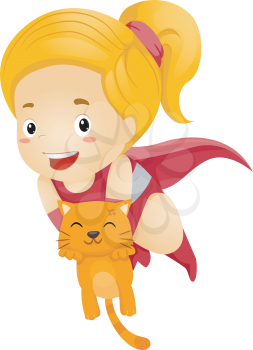 Illustration of a Little Kid Girl Superhero Rescue an Orange Cat