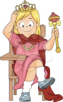 Illustration of a Little Kid Girl Dressed Like a Princess sitting on a Student Chair
