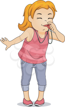 Illustration of a Little Kid Girl Blowing a Whistle