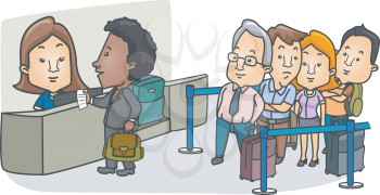 Illustration of a Queue of Passengers Lined Up in Front of the Check-in Counter