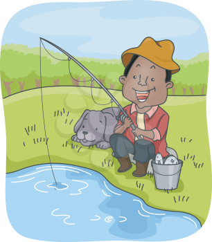 Illustration of an African-American Man Out Fishing with His Dog