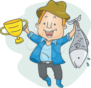 Illustration of a Proud Man Holding a Fish in One Hand and a Fishing Contest Trophy in the Other