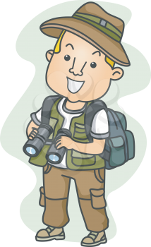 Illustration of a Man Dressed in Camping Gear Holding a Pair of Binoculars
