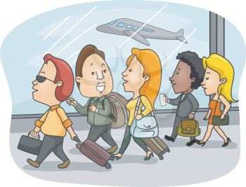 Illustration of Airport Passengers Walking With Luggage in Tow