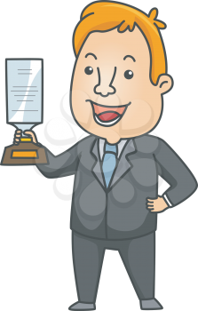 Illustration of a Man in a Business Suit Proudly Holding a Plaque